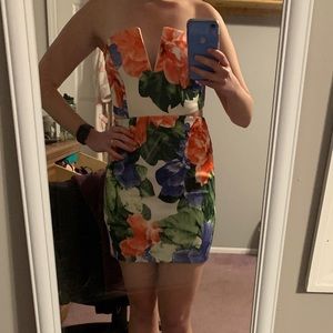 Floral cutout strapless mini dress